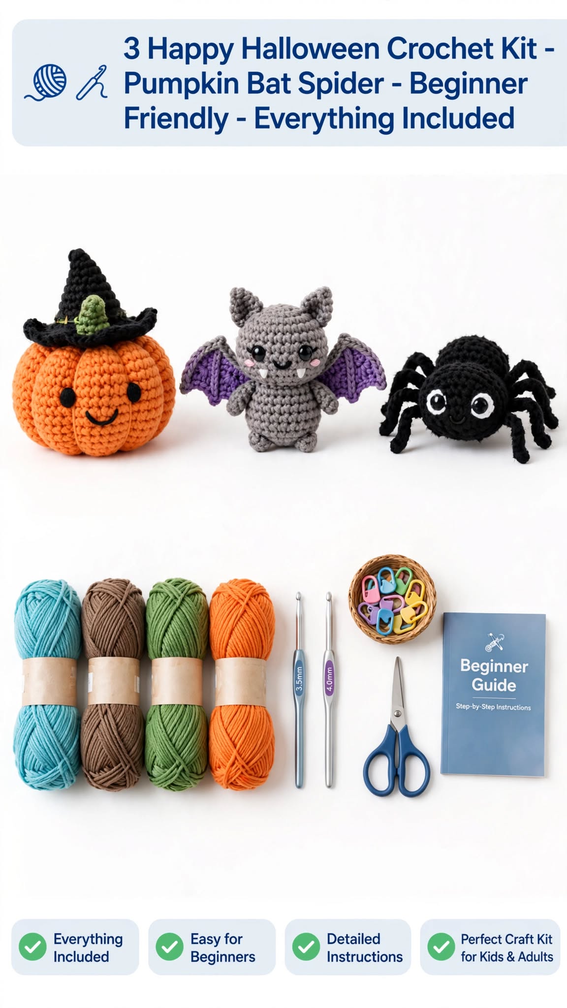 3 Happy Halloween Crochet Kit - Pumpkin Bat Spider crochet tutorial