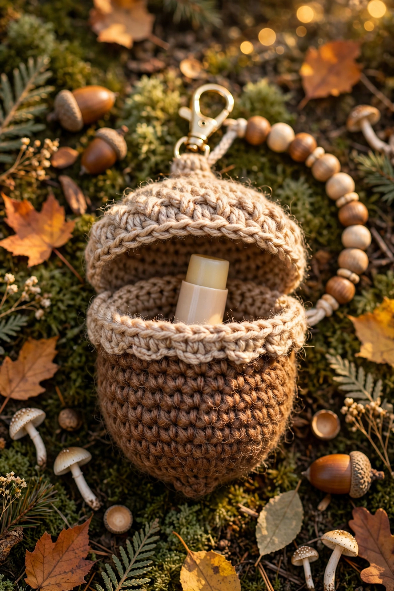 Acorn Lip Balm Holder - Crochet Acorn Pouch with Beaded Strap crochet tutorial