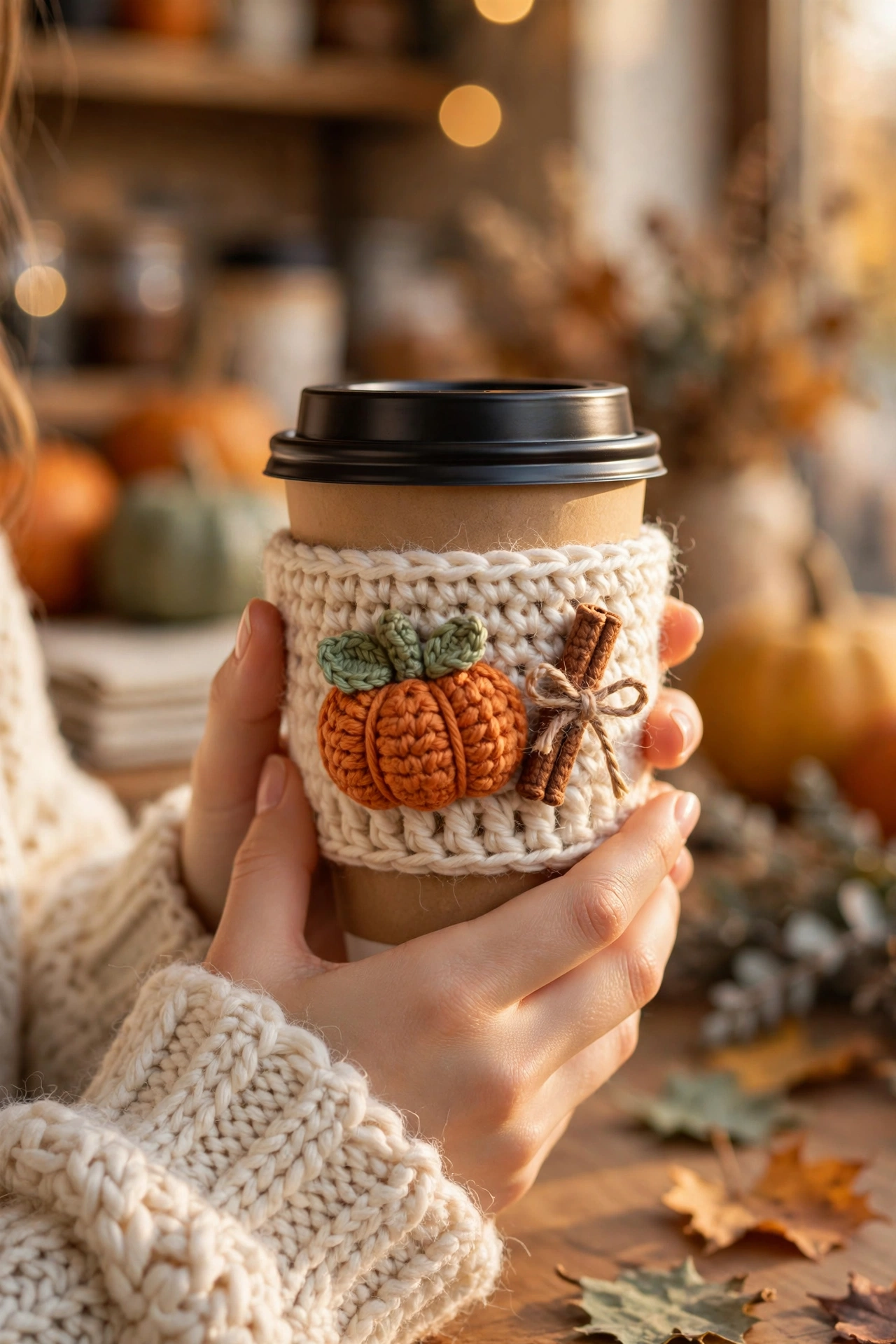 Autumn Pumpkin Coffee Cup Cozy - Cream Sleeve with Pumpkin and Cinnamon crochet tutorial