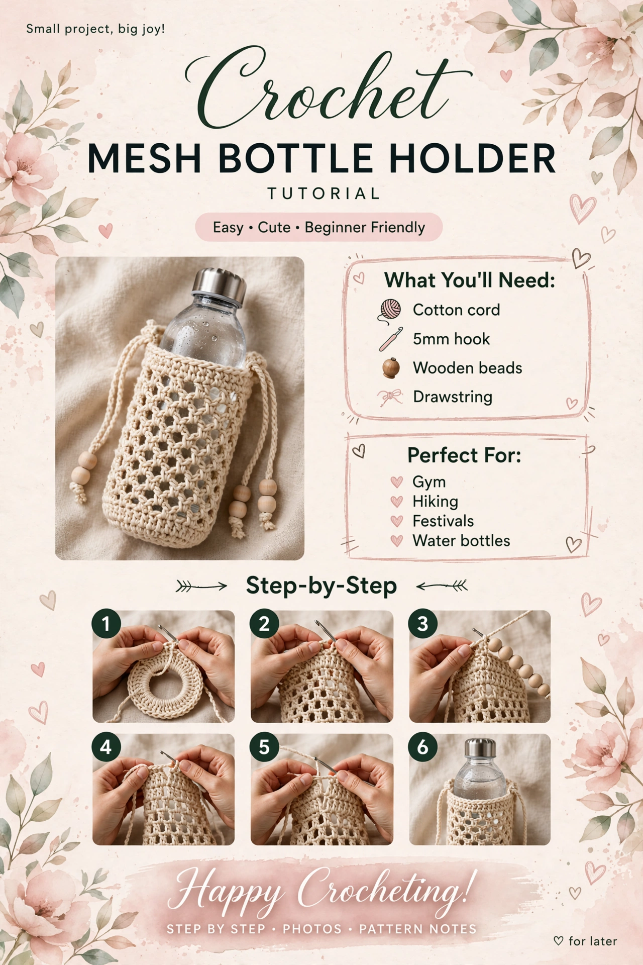 Crochet Mesh Bottle Holder - Easy Drawstring Bottle Bag crochet tutorial