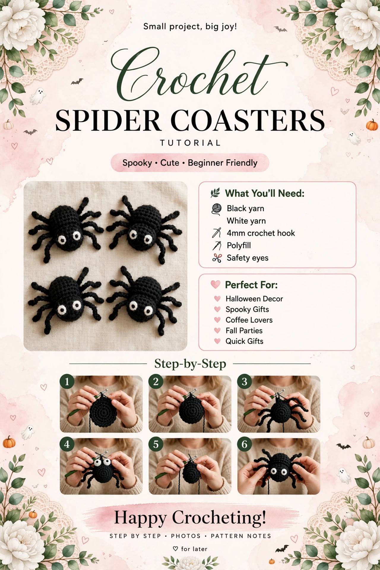 Crochet Spider Coasters Tutorial - Spooky Cute Beginner Friendly crochet tutorial