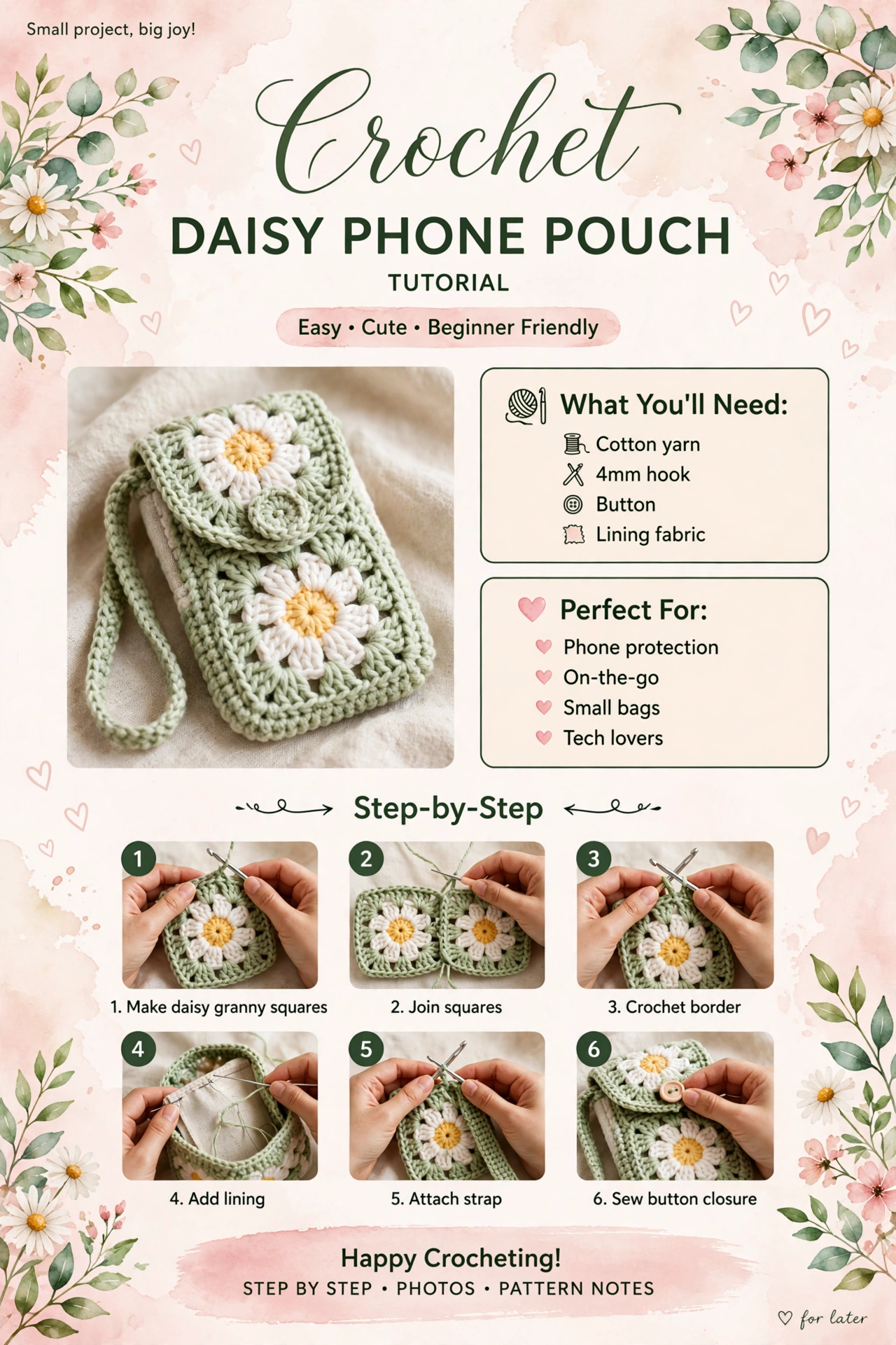 Daisy Phone Pouch - Crochet Daisy Granny Square Phone Bag crochet tutorial