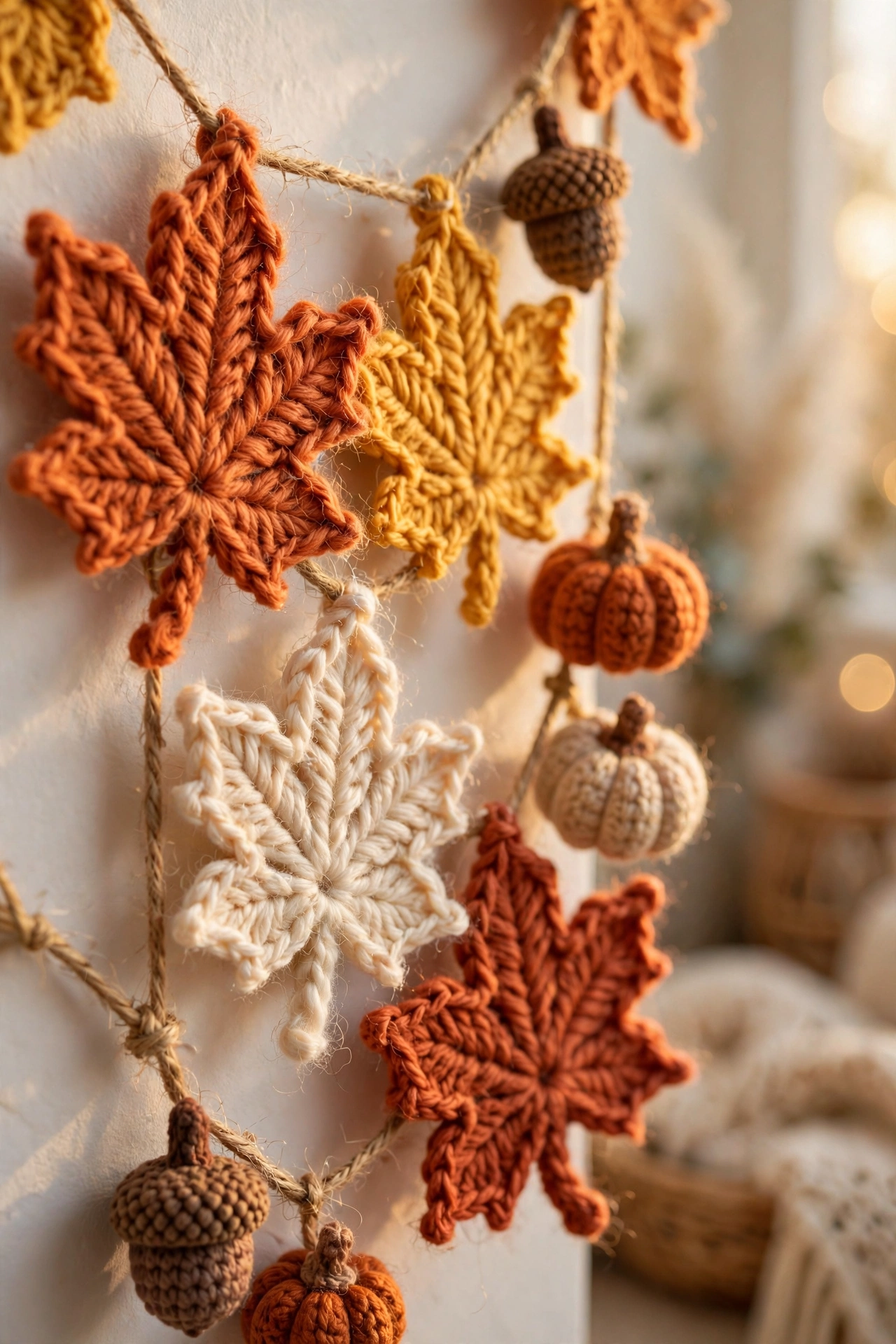 Fall Maple Leaf Garland with Pumpkins and Acorns crochet tutorial