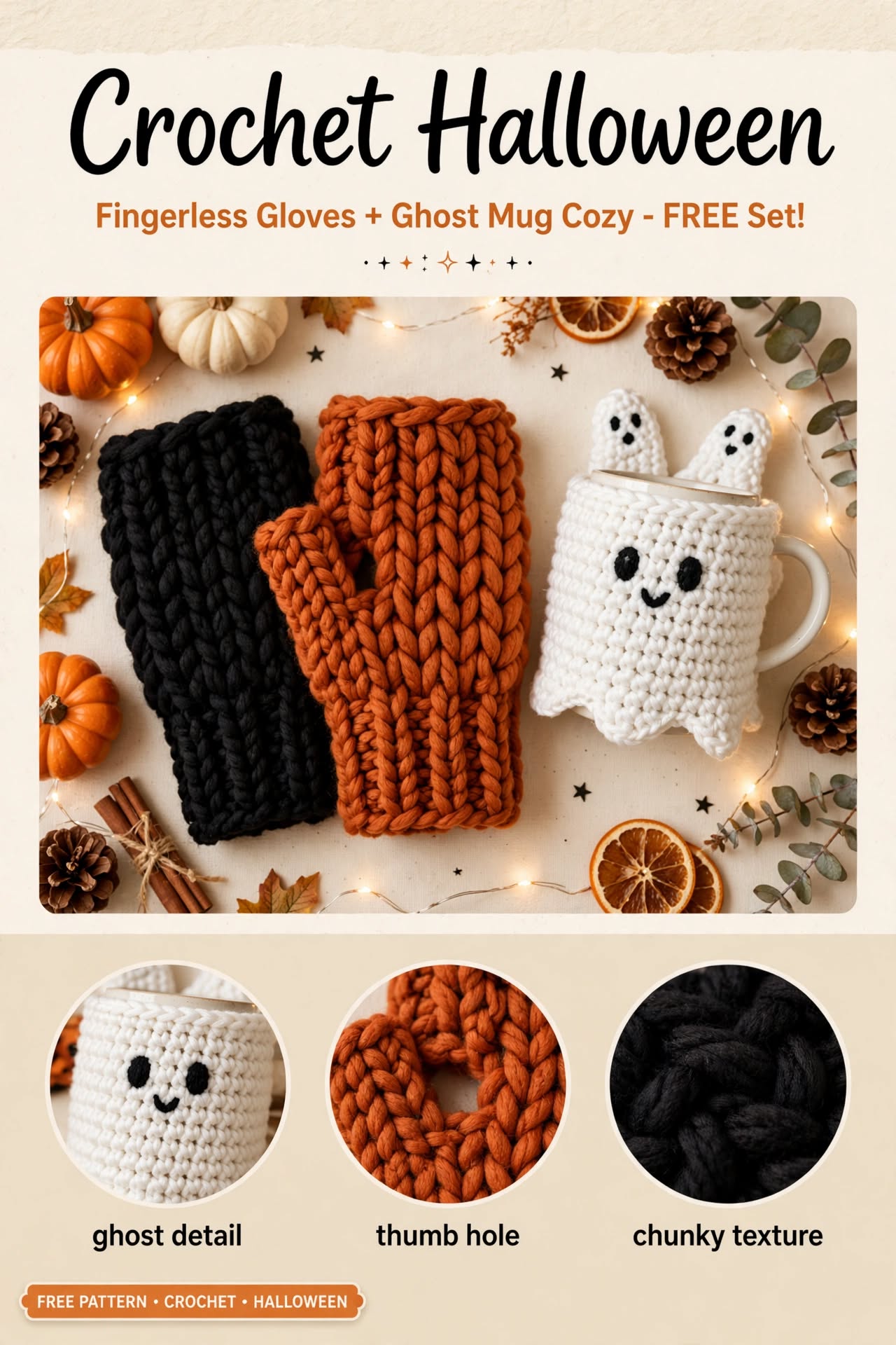 FREE Halloween Set: Fingerless Gloves + Ghost Mug Cozy crochet tutorial