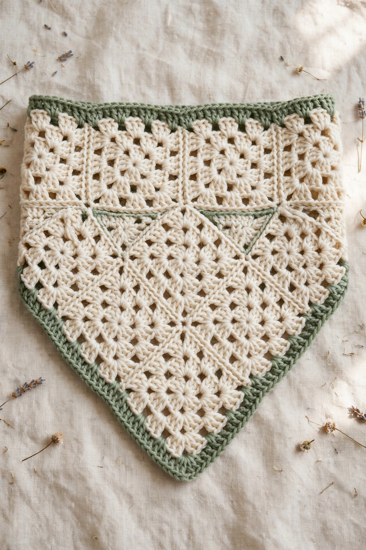 Granny Bandana Crochet Pattern - Sage & Cream Triangle - Beginner Friendly crochet tutorial