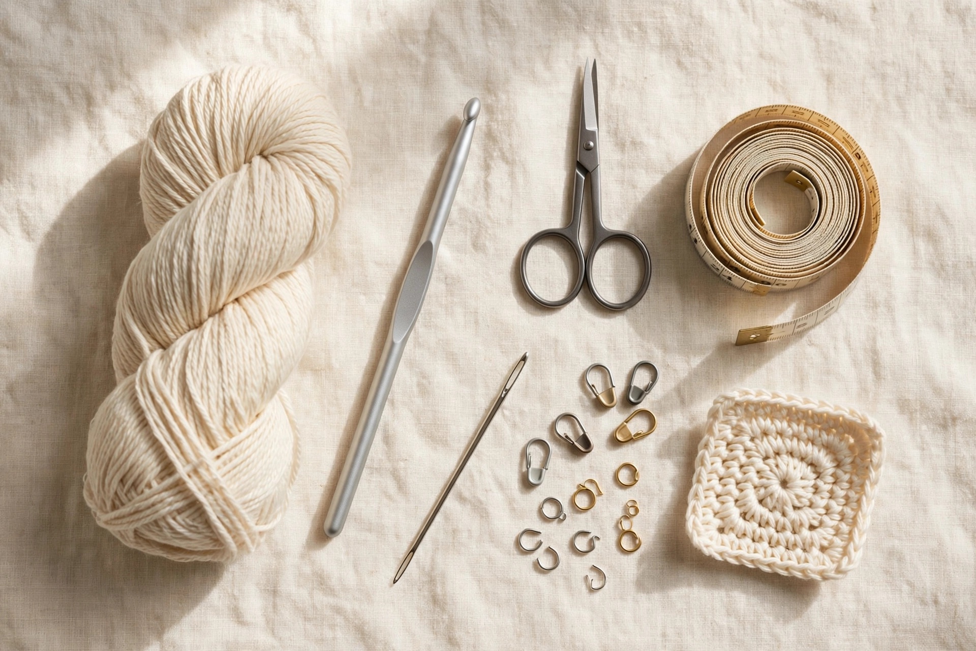 Materials for making a crochet bucket hat, including yarn, crochet hook, scissors, yarn needle, stitch markers and measuring tape