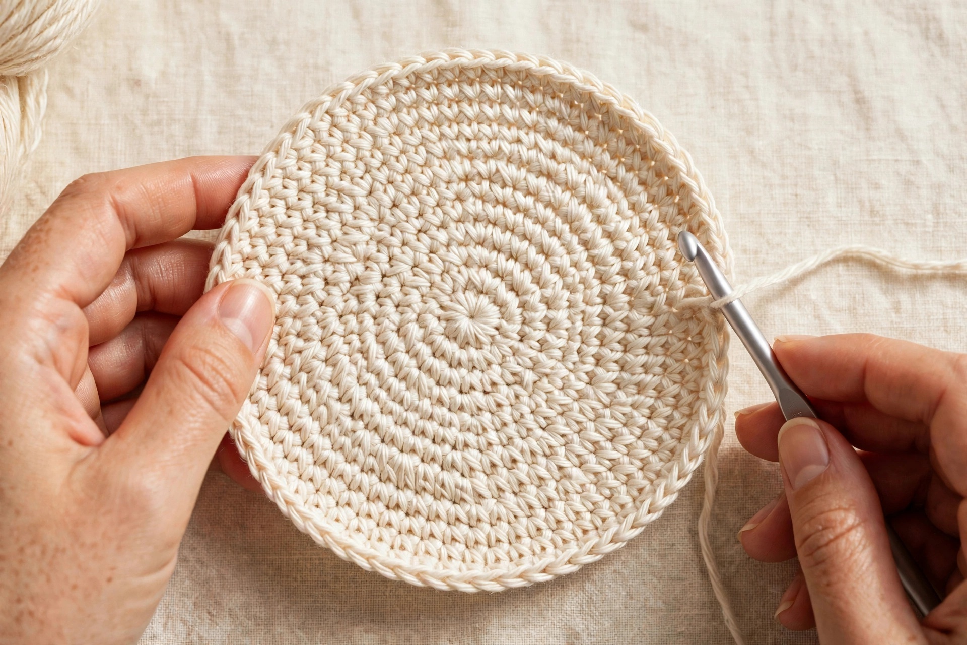 Completed flat circular crochet crown ready to become the bucket hat sides