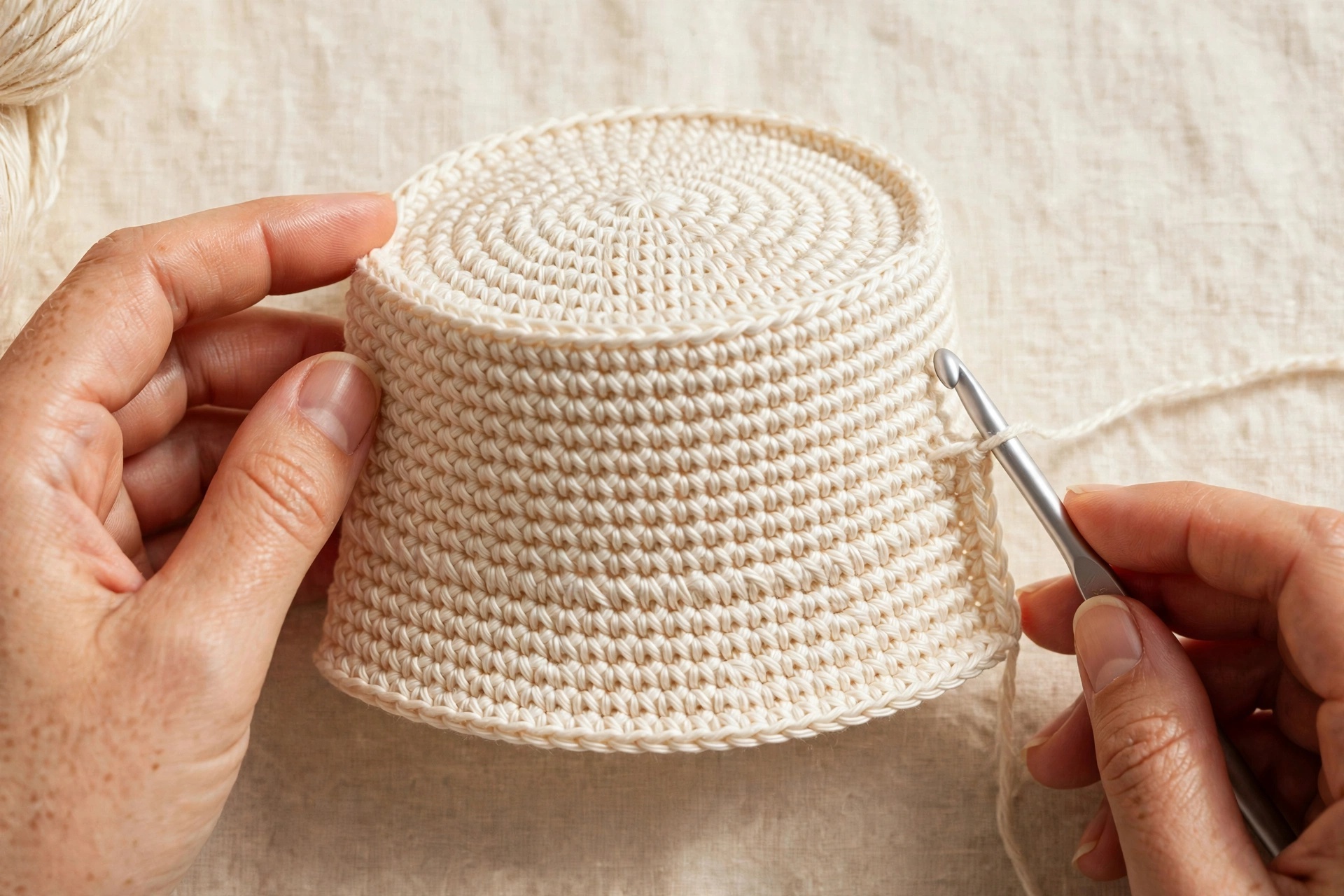 Crochet bucket hat side walls worked downward from the circular crown