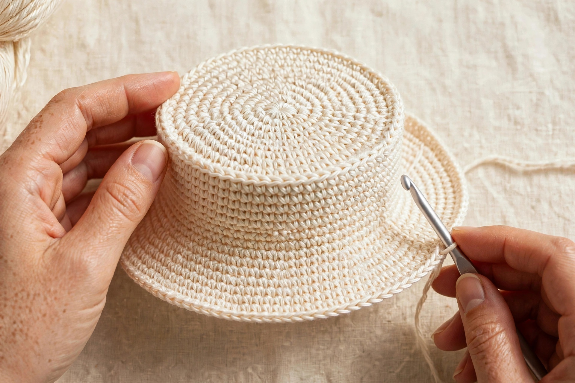 Nearly finished crochet bucket hat with the final brim rounds being worked